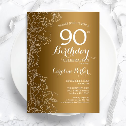 Golden Floral 90th Birthday Party Invitation