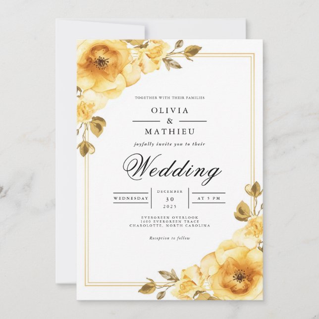 Golden Floral Accent Wedding Invitation (Front)