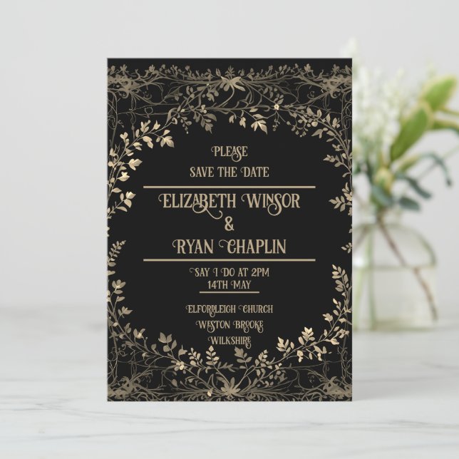 Golden Floral Black Elegant Save The Date (Standing Front)