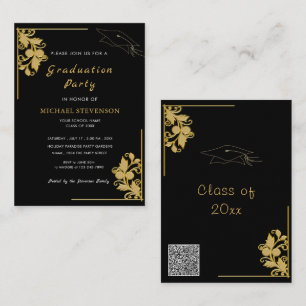 Golden Floral Black Graduation Invitations Example
