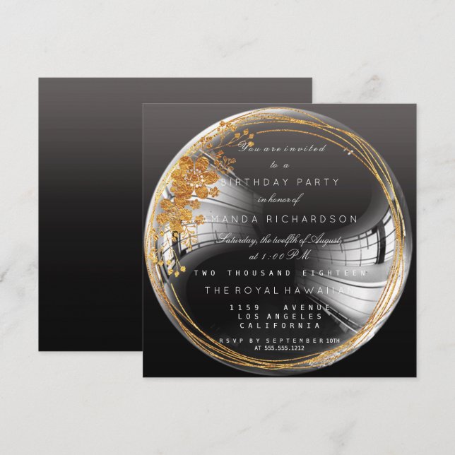Golden Floral Bubble Birthday Black Ombre Invitation (Front/Back)