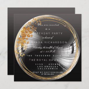 Golden Floral Bubble Birthday Black Ombre Invitation