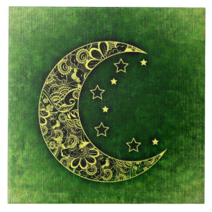 Golden Floral Crescent Moon and Stars on Green Ceramic Tile