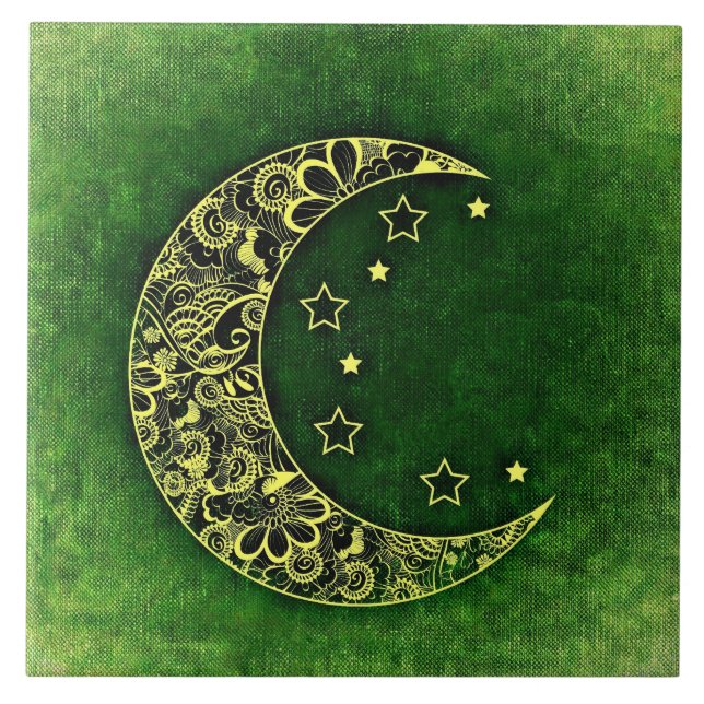 Golden Floral Crescent Moon and Stars on Green Ceramic Tile (Front)