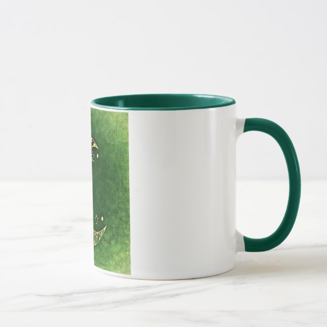 Golden Floral Crescent Moon and Stars on Green Mug (Right)