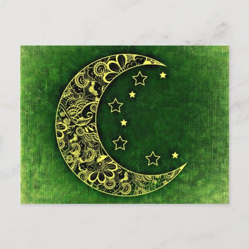 Golden Floral Crescent Moon and Stars on Green Postcard