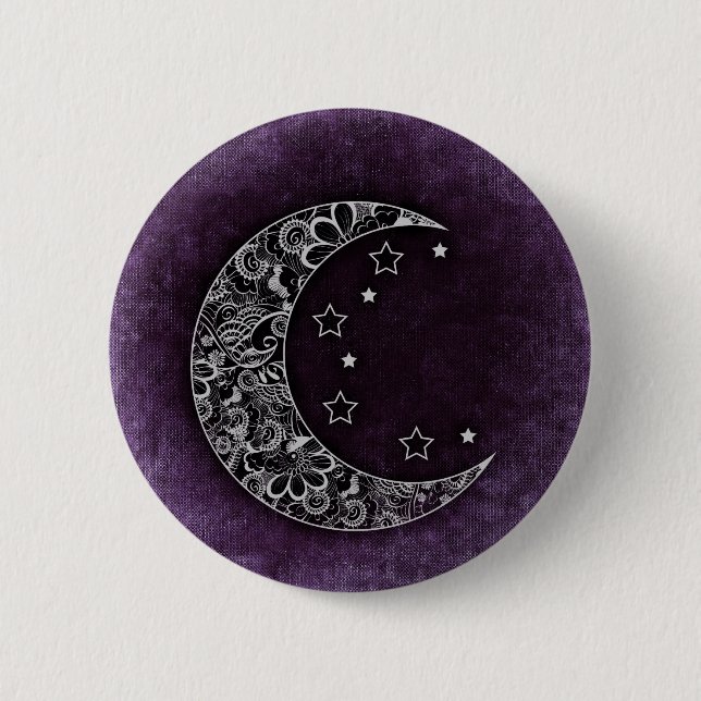 Golden Floral Crescent Moon and Stars on Purple Button (Front)