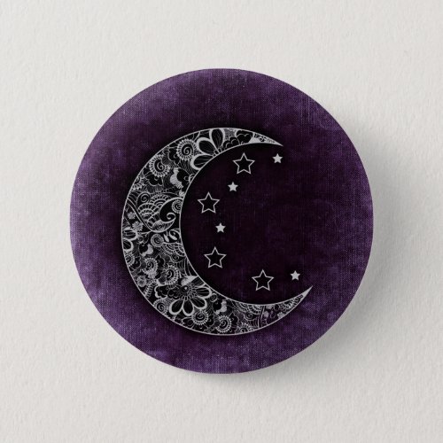 Golden Floral Crescent Moon and Stars on Purple Button
