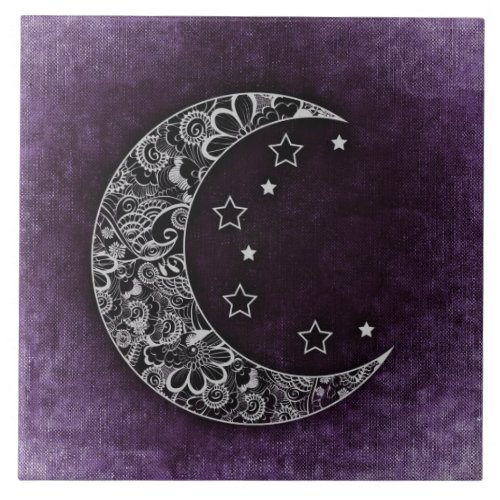 Golden Floral Crescent Moon and Stars on Purple Ceramic Tile
