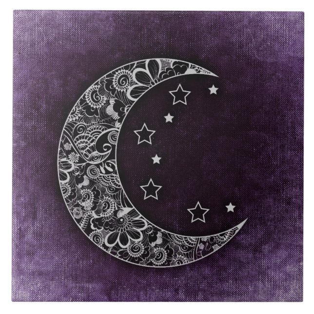 Golden Floral Crescent Moon and Stars on Purple Ceramic Tile (Front)