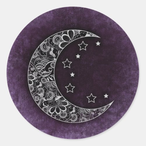 Golden Floral Crescent Moon and Stars on Purple Classic Round Sticker