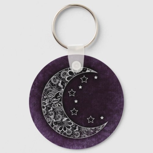 Golden Floral Crescent Moon and Stars on Purple Keychain