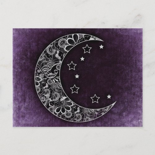 Golden Floral Crescent Moon and Stars on Purple Postcard