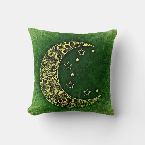 Golden Floral Crescent Moon and Stars Throw Pillow