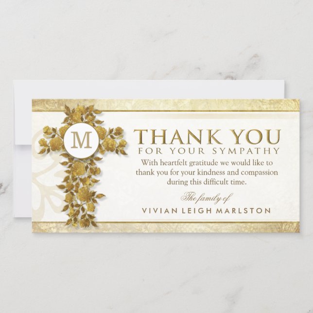 Golden Floral Cross Monogram Thank You Sympathy (Front)
