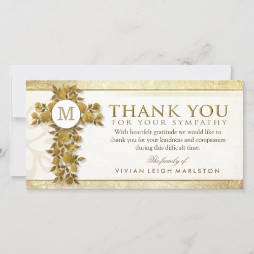 Golden Floral Cross Monogram Thank You Sympathy