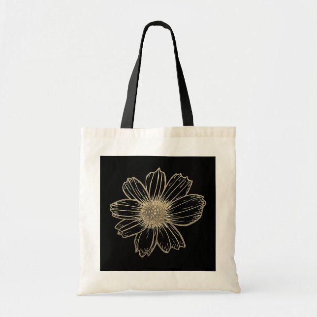 Golden Floral design Black and White Tote Bag (Front)