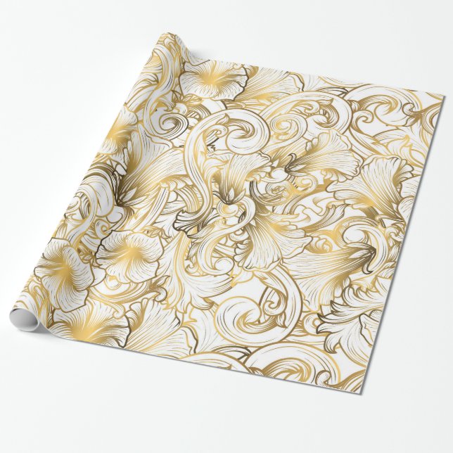 Golden Floral Design Wrapping Paper (Unrolled)