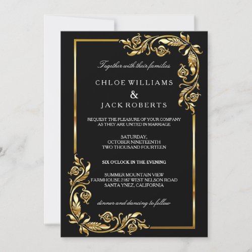 Golden Floral Elegant Black Modern Wedding  Invitation