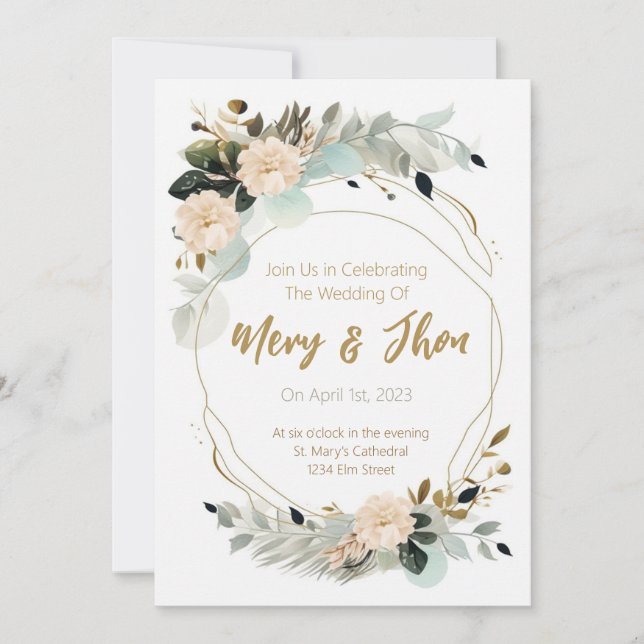 Golden Floral Elegant Neutral Wedding Card (Front)