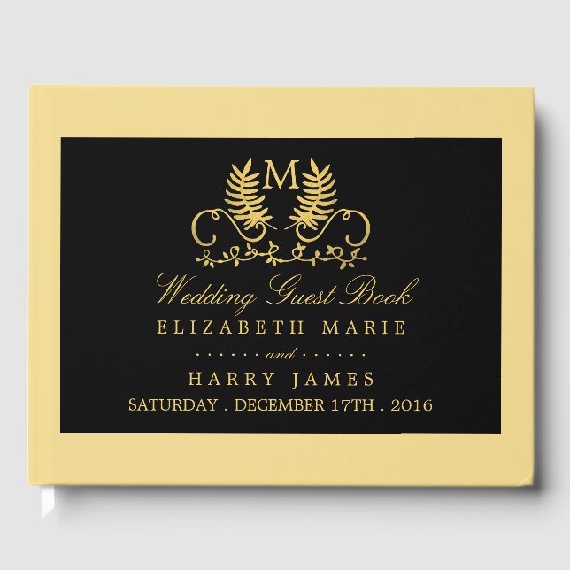 Golden Floral Emblem Wedding Guest Book (Front)