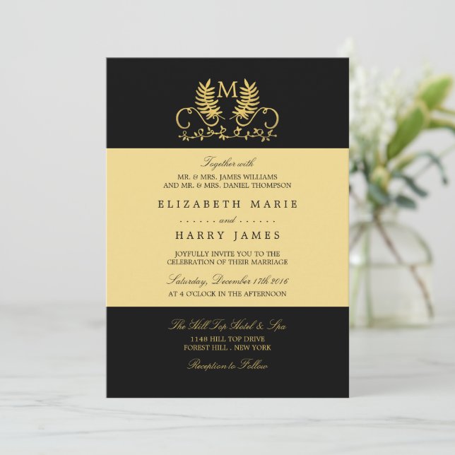 Golden Floral Emblem Wedding Invitation (Standing Front)