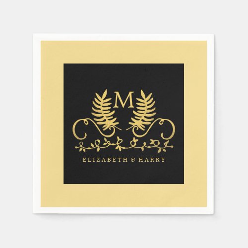 Golden Floral Emblem Wedding Napkins