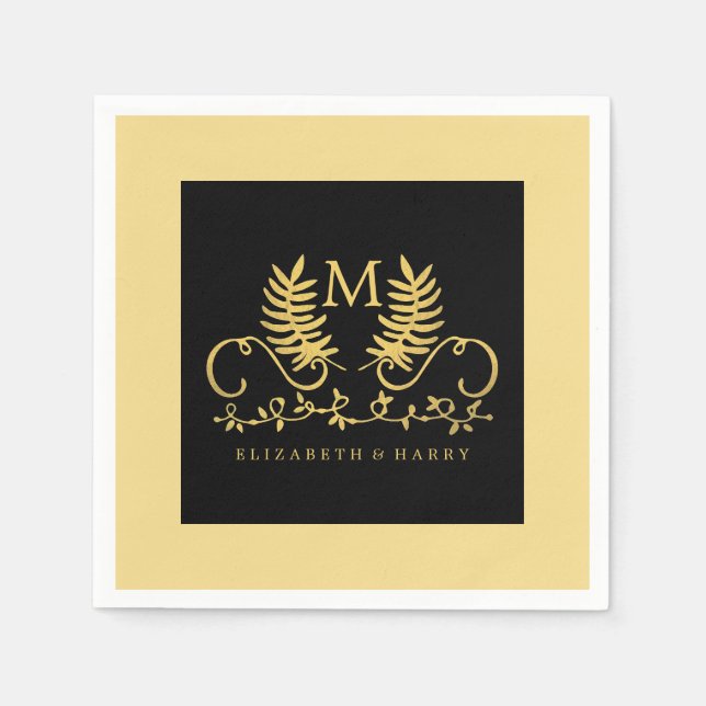 Golden Floral Emblem Wedding Napkins (Front)