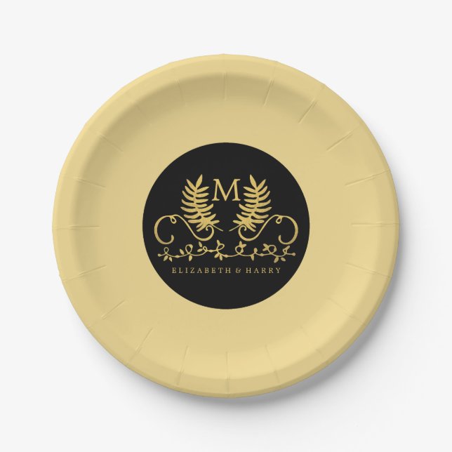 Golden Floral Emblem Wedding Paper Plates (Front)
