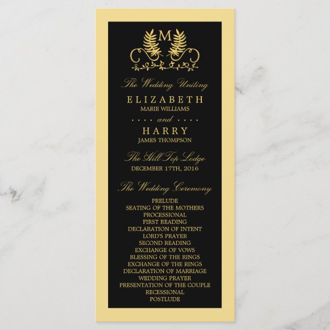 Golden Floral Emblem Wedding Program (Front)