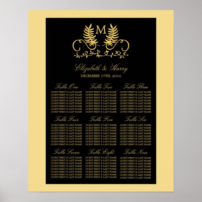 Golden Floral Emblem Wedding Seating Chart (Front)