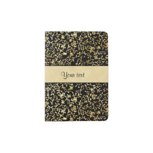 Golden Floral Flourishes & Swirls Black Passport Holder