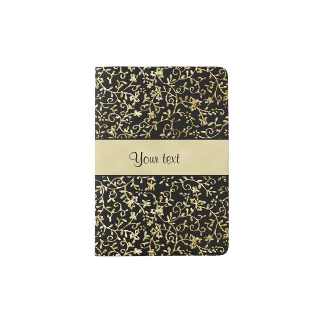 Golden Floral Flourishes & Swirls Black Passport Holder (Front)