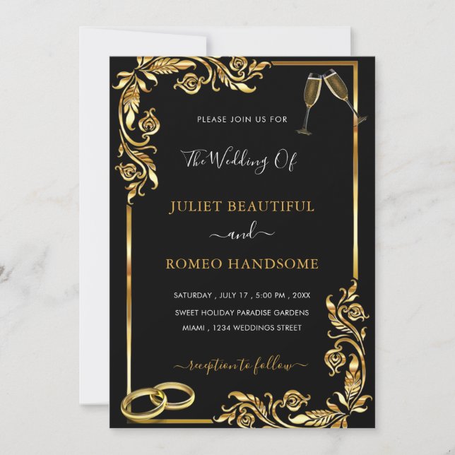 Golden Floral Frame Black Gold Wedding Invitations (Front)