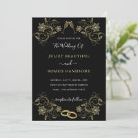 Golden Floral Frame Black Gold Wedding Invitations
