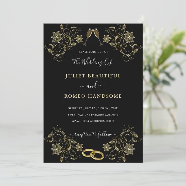 Golden Floral Frame Black Gold Wedding Invitations (Standing Front)
