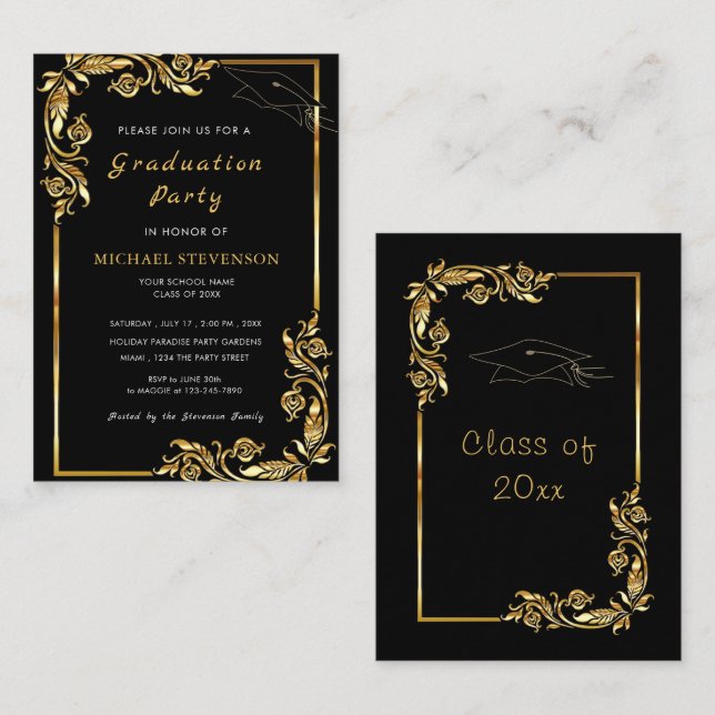 Golden Floral Framed Graduation Invitation Example (Front/Back)