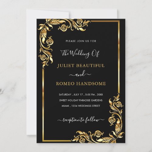 Golden Floral Framed Wedding Invitation Black Gold