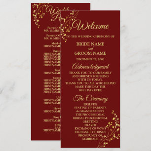 Golden Floral Geometric Wreath Red Wedding Program