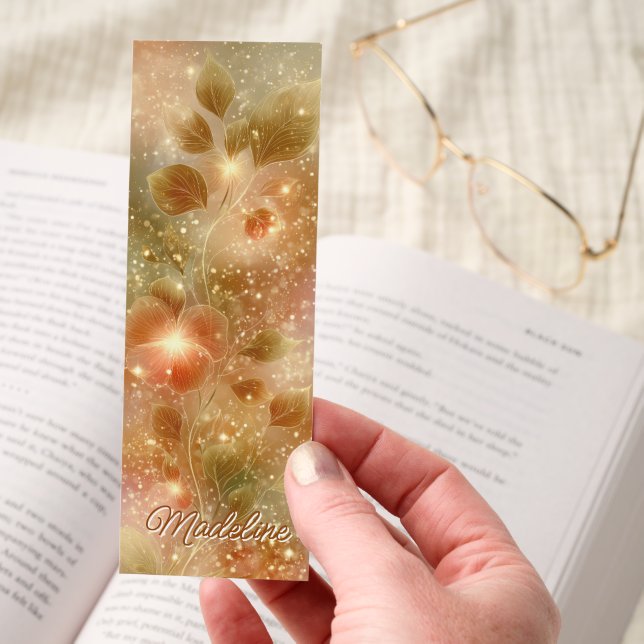 Golden Floral Glow with Sparkling Leaves Bookmarks (Hand)