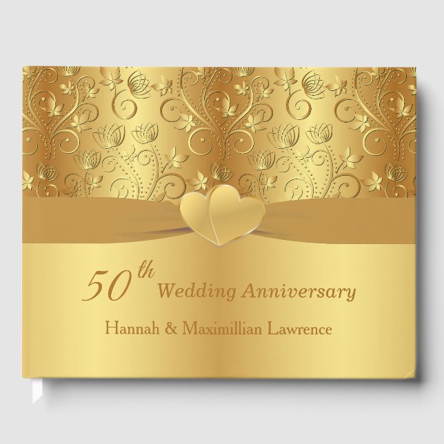 Golden Floral Hearts 50th Wedding Anniversary  Guest Book (Front)