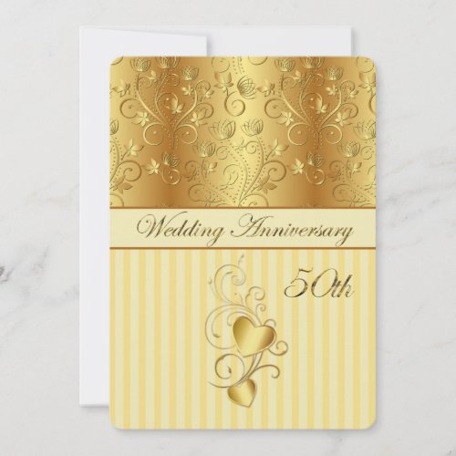 Golden floral, hearts 50th Wedding Anniversary Invites