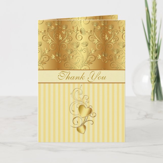Golden floral, hearts Wedding Thank you Card (Front)