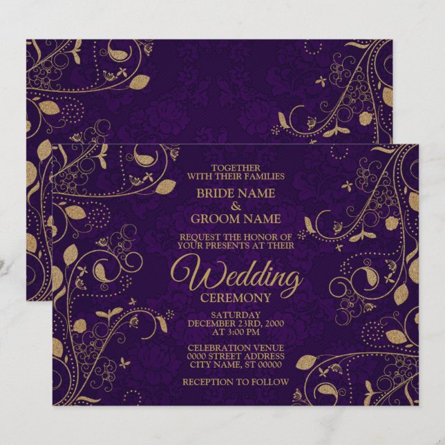Golden Floral Leaves Pattern Purple Modern Wedding Invitation (Front/Back)