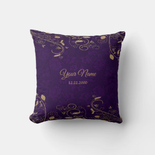 Golden Floral Leaves Purple Party Newlywed Gift Throw Pillow