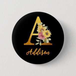 Golden Floral letter A Monogram Wedding Favor Button