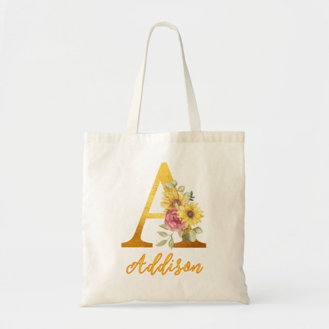 Golden Floral letter A Monogram Wedding Favor Tote Bag (Front)