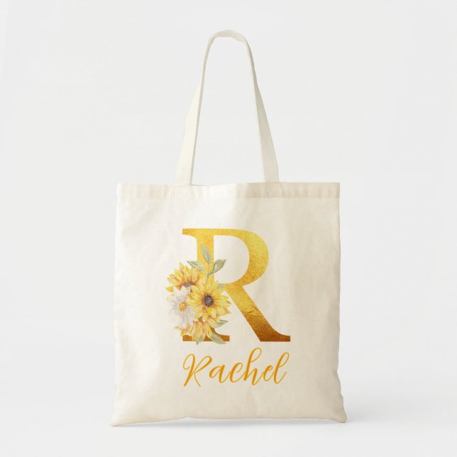 Golden Floral letter R Monogram Wedding Favor Tote Bag (Front)