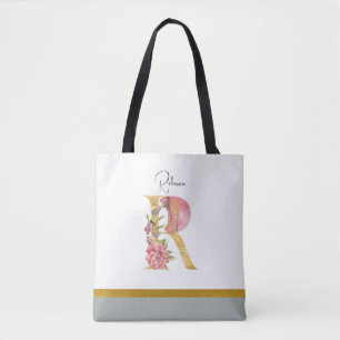 Golden Floral Letter R Tote Bag