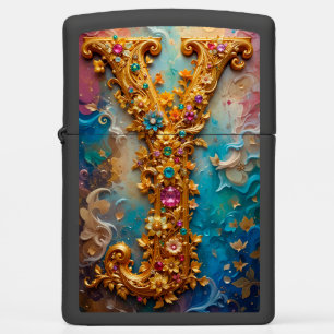 Golden Floral Letter Y with Gemstones Zippo Lighter
